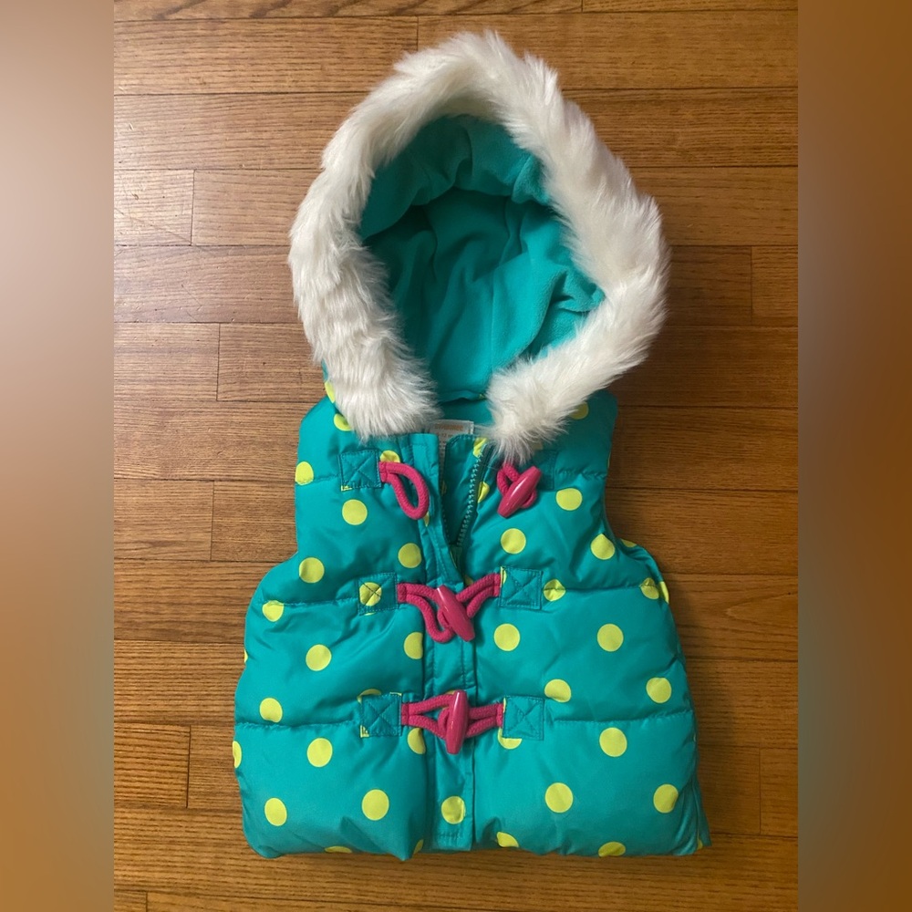 Gymboree baby 6/12 Teal Vest w/ Yellow Dots and Soft Hood sleeveless	Winter Warm